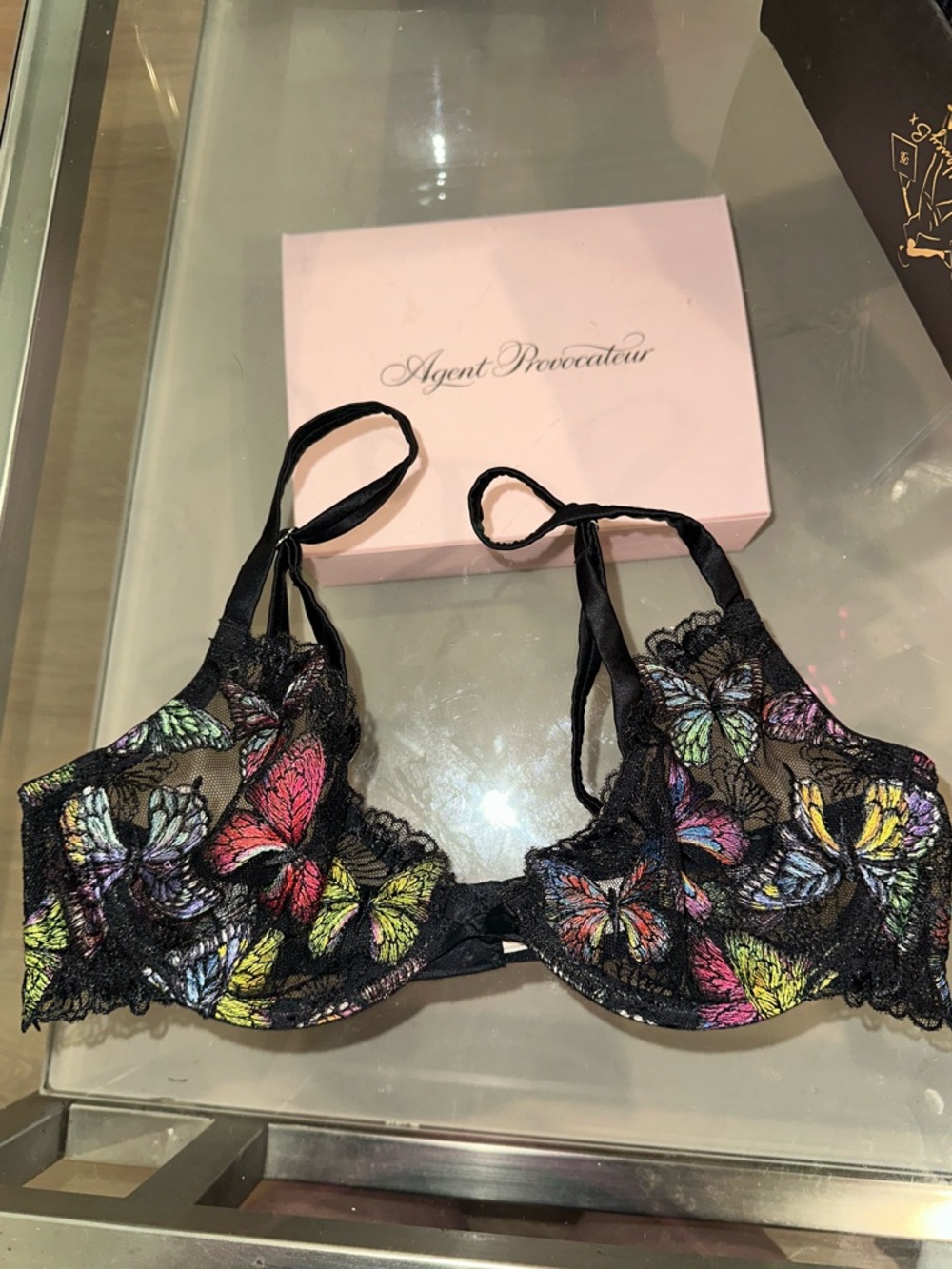 Fleur du Mal Black Lace Bra with Multicolor Butterfly Embroidery 34 B